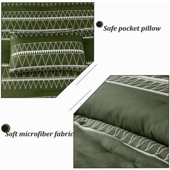 Olive Green Comforter Set King (104"×90"),Reversible Green Boho Triangle Pattern - Picture 6 of 8